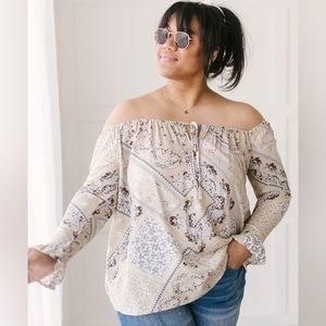 Cute off shoulder blouse! Great for transition into spring!